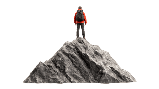 Hiker atop mountain, red jacket, backpack, achievement, journey, cut out transparent png