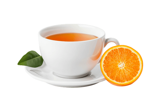 Cup of Tea with Slice of Orange and Green Leaf, cut out transparent png