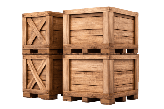 Rustic wooden crates stacked high, cutout transparent png