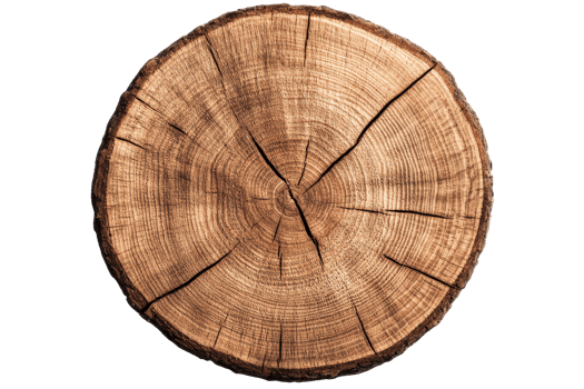 Wood log slice with annual rings and cracks, cut out transparent png