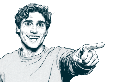 Smiling man pointing his finger with hand gesture, cut out transparent png
