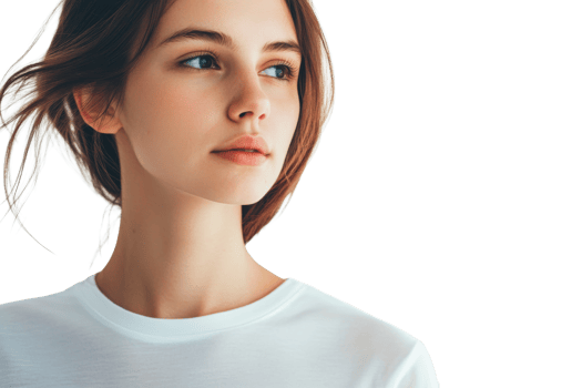 Thoughtful young woman with brown hair in a white T-shirt, cut out transparent png