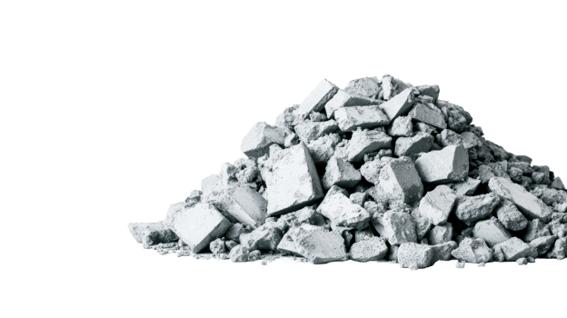 Heap of grey stone blocks on black background, cut out transparent png