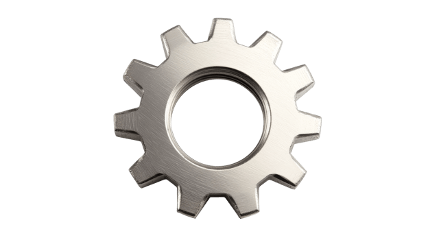 Metal gear with cog teeth, silver color, mechanical detail, cut out transparent png
