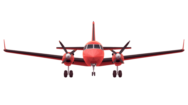Red twin engine airplane, isolated plane, cut out transparent png