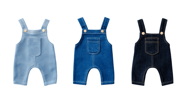 Denim overalls in various colors, childrens wear, cut out transparent png