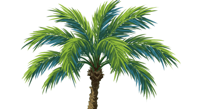 Striking Palm Tree with Elongated Sweeping Fronds in Vibrant Greens and Cool Blues png
