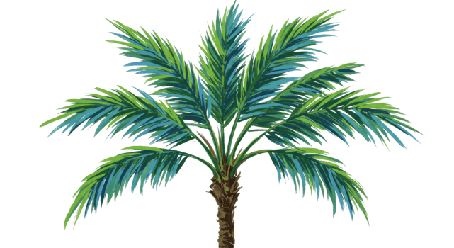 Vibrant Palm Tree with Long Sweeping Fronds in Lush Greens and Cool Blues png