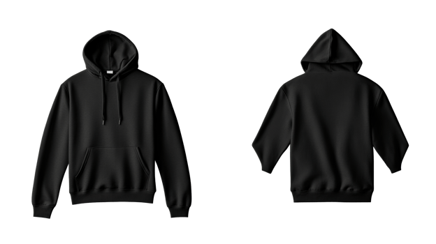 Modern black hoodie, front and back views, garment, clothing, cut out transparent png