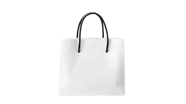 White paper bag with black handles against black, cut out transparent png