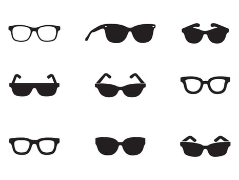 Collection of simple, black silhouettes of different eyeglasses and sunglasses styles. vector