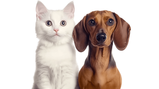Cat and Dachshund Dog posing together, cut out transparent png