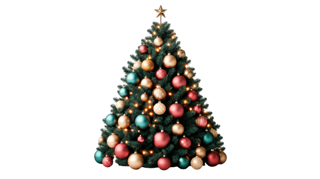 Christmas tree with ornaments, cut out transparent png
