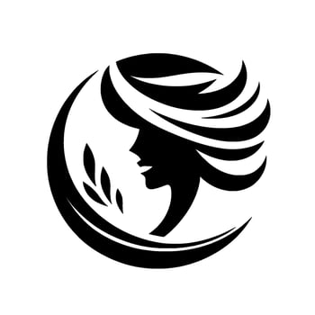 Silhouette of a womans profile within a circular design, incorporating flowing hair and botanical elements, rendered in a minimalist, blackandwhite style. vector