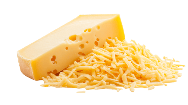 Swiss cheese wedge with pile of shreds, cut out transparent png