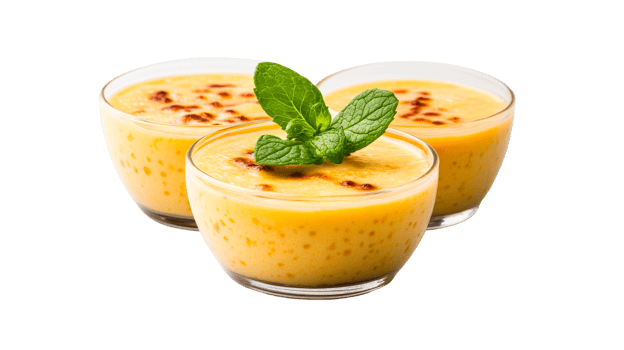 Three custard dessert cups garnished with mint sprig, cut out transparent png