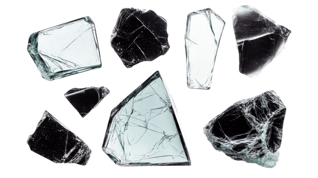 Shattered glass shards against black backdrop, cut out transparent png
