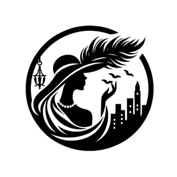Elegant silhouette of a woman in a hat, feather, pearl necklace, birds city skyline enclosed in a circular frame, in black and white. vector