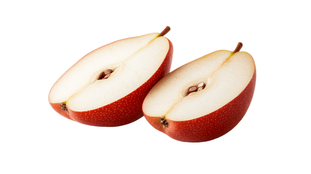 Two cut red pears, food photography, isolated, healthy eating, cut out transparent png