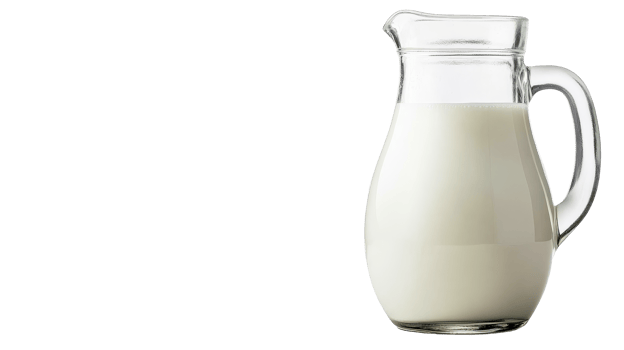 Glass jug with milk, dairy beverage, creamy white drink, cut out transparent png