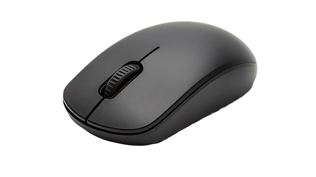 Wireless computer mouse with scroll wheel in black color, cut out transparent png