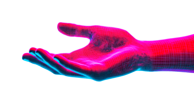 Wireframe hand, holding pose, neon colors, futuristic design, cut out transparent png