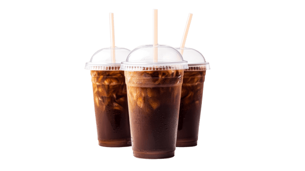 Three iced coffees, cups, straws, refreshing drinks, cut out transparent png