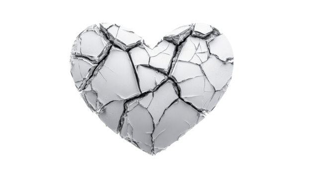 Broken heart symbol made of white glass, with cracks, cut out transparent png