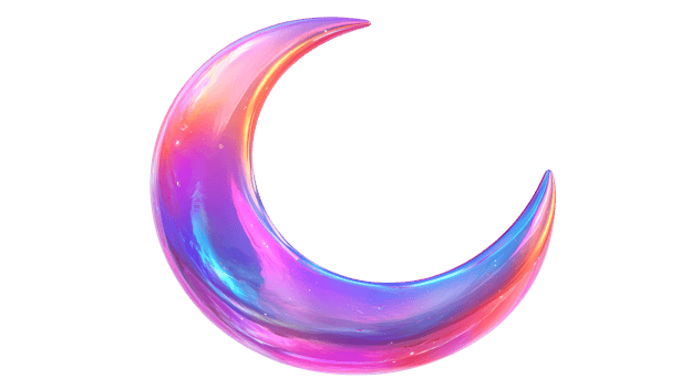 Crescent moon with vibrant colors and iridescent sheen, cut out transparent png