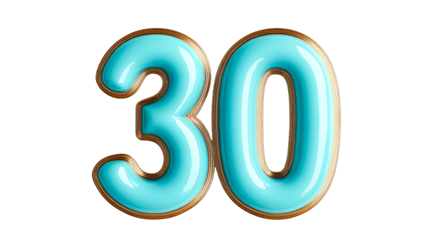Shiny turquoise number thirty, gold contour, isolated, cut out transparent png
