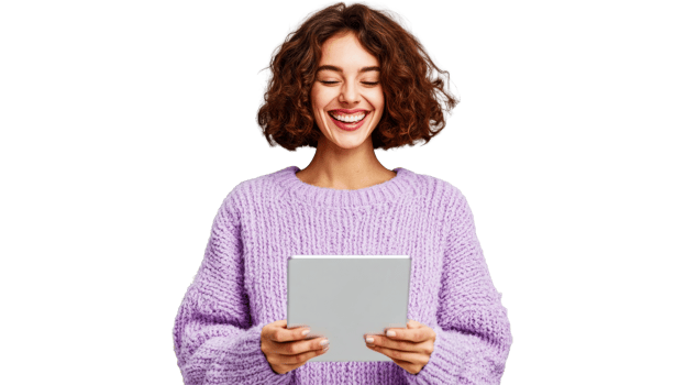 Smiling woman using tablet, purple sweater, cheerful expression, cut out transparent png