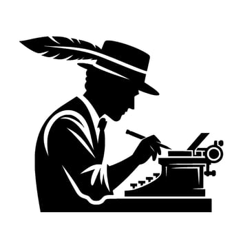Silhouette of a vintage writer with feather and hat composing on a typewriter, a classic depiction of creative craft. vector