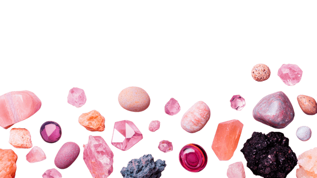 Assorted pink-toned gemstones and minerals composition, cut out transparent png
