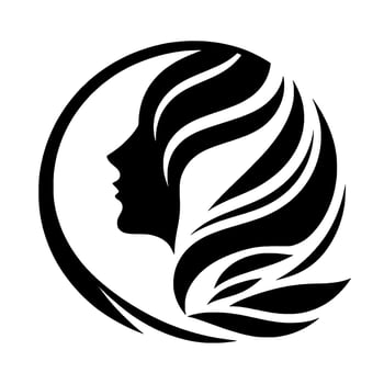 Elegant black silhouette of a womans profile within a circle, her hair stylized in flowing, leaflike forms, against a stark white background, creating a sense of refined beauty and harmony. vector