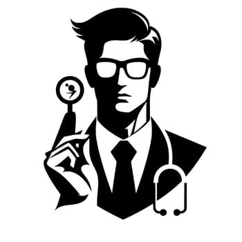 Stylish doctor silhouette with medical tools, glasses, and formal attire, in a bold black and white design. vector