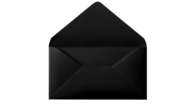 Open black paper envelope on dark background, cut out transparent png