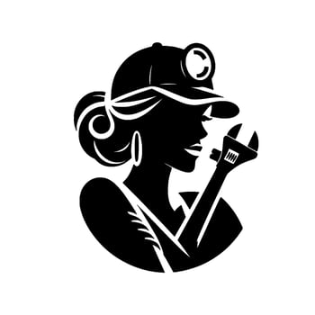 Elegant silhouette of a woman mechanic, wearing a cap with a spotlight, holding a wrench, and adorned with earrings, showcasing empowerment. vector