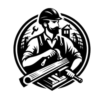 A strong carpenter with a handlebar mustache, holding a hammer, within a circular black and white design, featuring tools and a silhouette of a house and power lines. vector