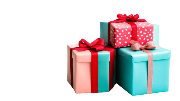 Stacked gifts wrapped in ribbon and bow, celebrations, cut out transparent png