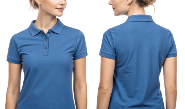 stylish polo shirt template showcasing woman wearing blue polo shirt from both front and back views, perfect for casual or professional settings png