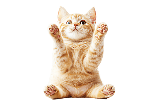 Cute tabby kitten with paws up, playful pose, isolated, cut out transparent png