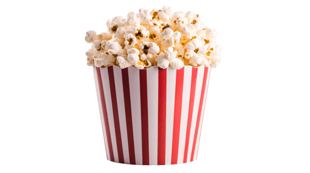 Bucket of popcorn. Cinema snack isolated on black background, cut out transparent png