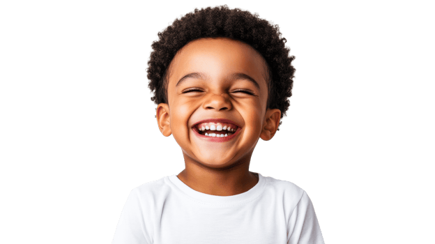 Gleeful child laughs heartily with closed eyes in white shirt, cut out transparent png
