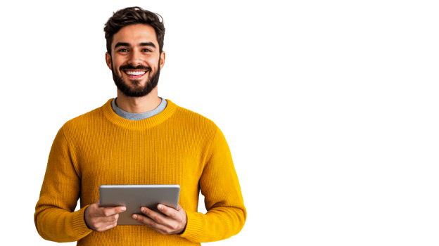 Young man smiling while holding a tablet with a transparent background png