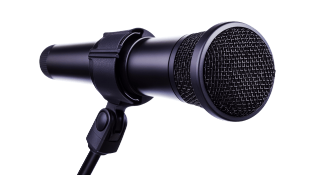 Black microphone isolated on black background, cut out transparent png