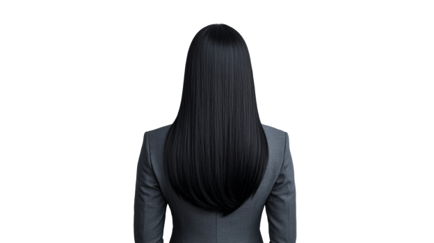 Dark-haired woman in a gray suit, rear view, isolated, cut out transparent png