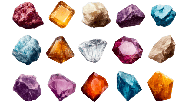 Collection of Raw and Cut Gems, Set of Assorted Minerals, cut out transparent png