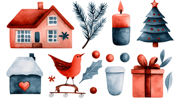 Christmas set of watercolor decorative elements , cut out transparent png