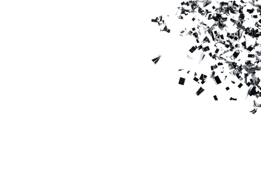 Shattered clear glass fragments exploding on black background, cut out transparent png