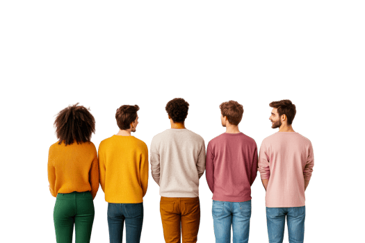 Diversity group standing together from behind, back view, cut out transparent png